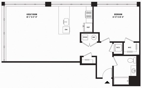 Floor plan for 1 bed, 1 bath, 996 sqft