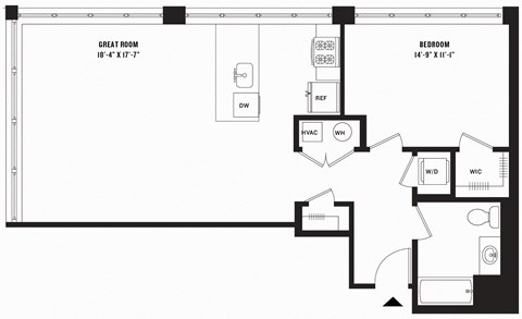 Floor plan for 1 bed, 1 bath, 957 sqft