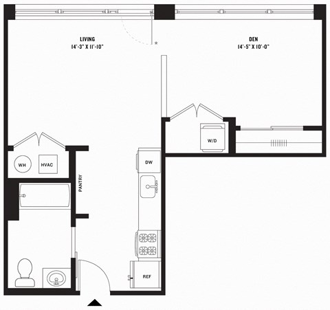Floor plan for studio, 1 bath, 597 sqft