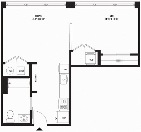 Floor plan for studio, 1 bath, 605 sqft