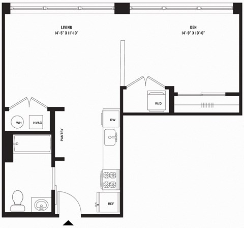 Floor plan for studio, 1 bath, 605 sqft