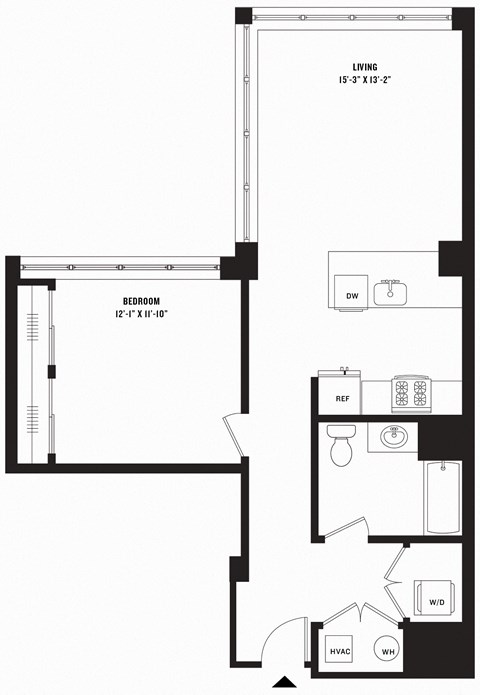 Floor plan for 1 bed, 1 bath, 805 sqft