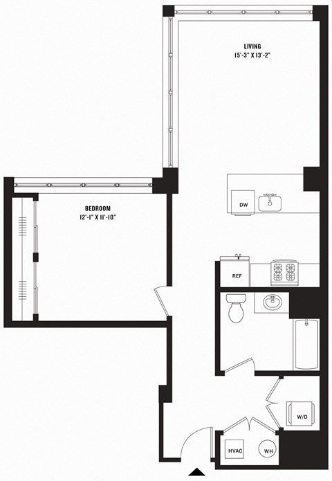 Floor plan for 1 bed, 1 bath, 805 sqft