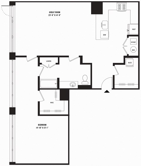 Floor plan for 1 bed, 1 bath, 1186 sqft