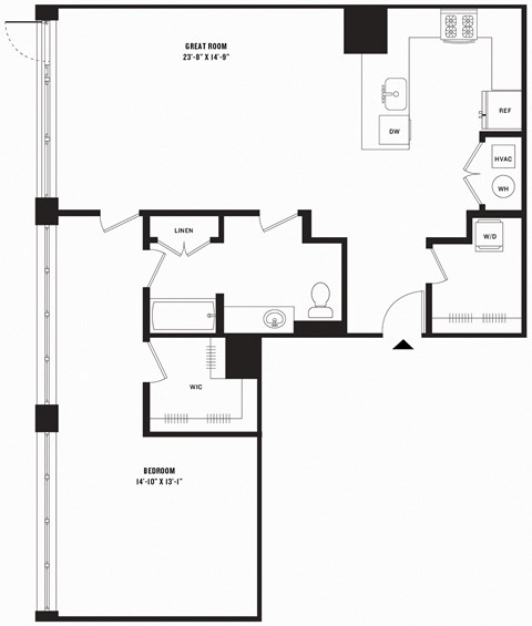 Floor plan for 1 bed, 1 bath, 1186 sqft
