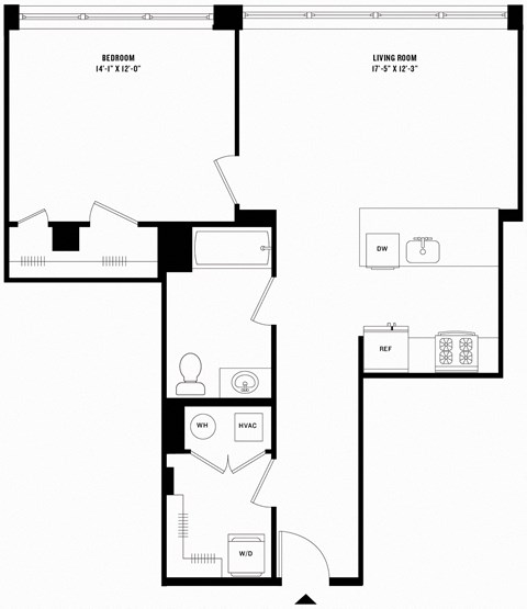 Floor plan for 1 bed, 1 bath, 832 sqft