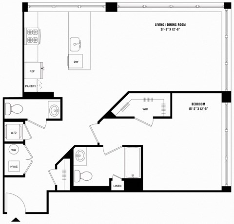 Floor plan for 1 bed, 1.5 baths, 1017 sqft