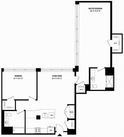 Floor plan for 2 beds, 2 baths, 1358 sqft