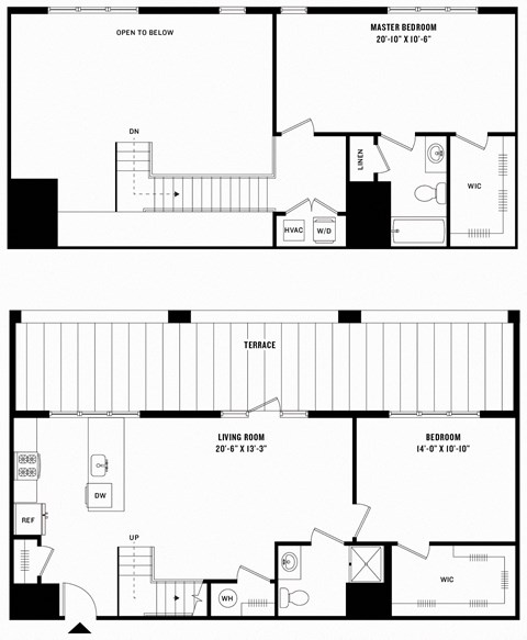 Floor plan for 2 beds, 2 baths, 1327 sqft