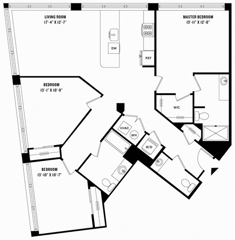 Floor plan for 2 beds, 2.5 baths, 1502 sqft
