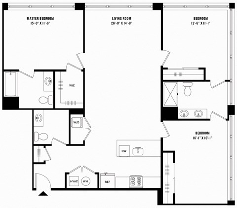 Floor plan for 2 beds, 2.5 baths, 1534 sqft