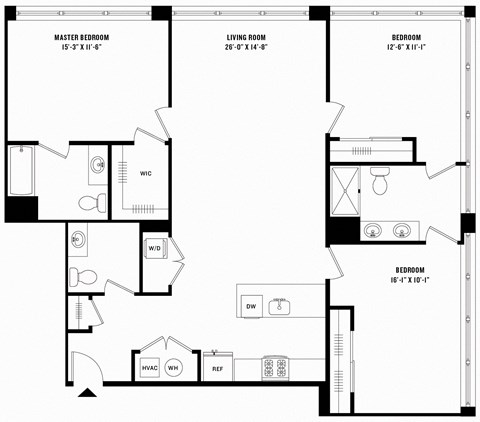 Floor plan for 2 beds, 2.5 baths, 1534 sqft