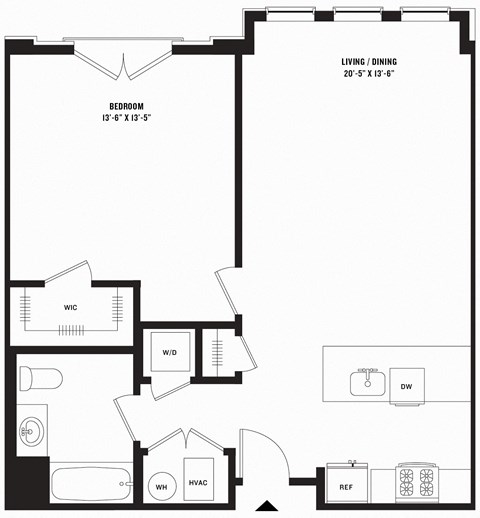 Floor plan for 1 bed, 1 bath, 796 sqft
