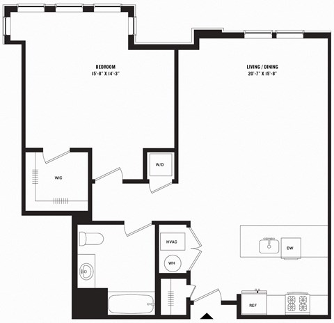 Floor plan for 1 bed, 1 bath, 943 sqft