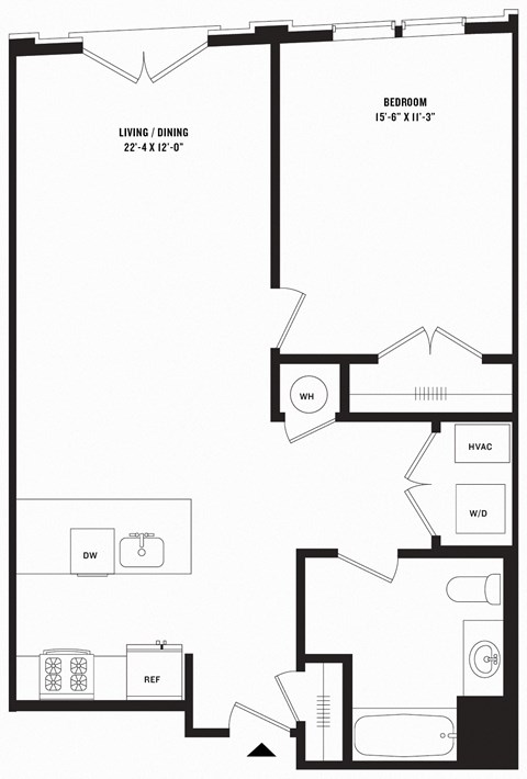 Floor plan for 1 bed, 1 bath, 827 sqft