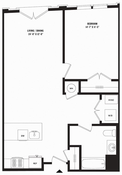 Floor plan for 1 bed, 1 bath, 801 sqft