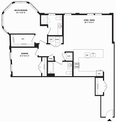 Floor plan for 2 beds, 2 baths, 1136 sqft