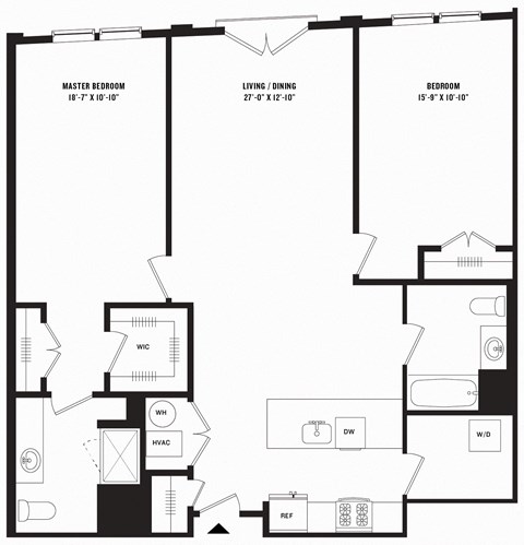 Floor plan for 2 beds, 2 baths, 1285 sqft