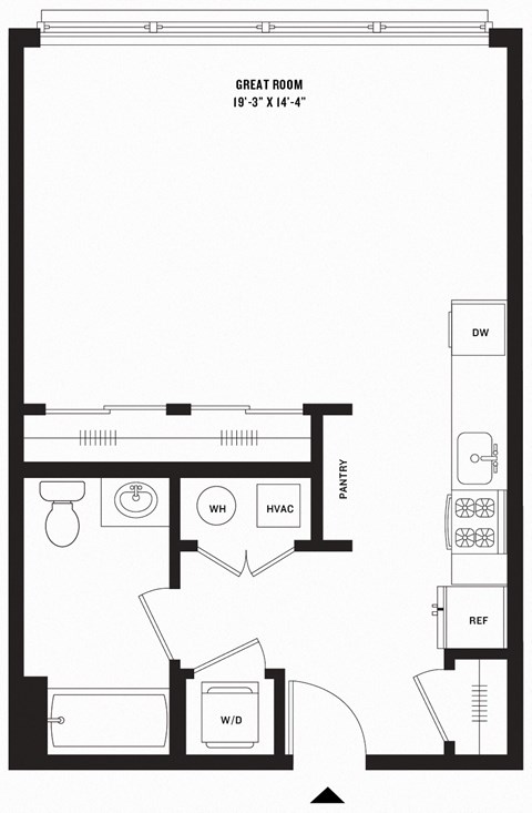 Floor plan for studio, 1 bath, 589 sqft