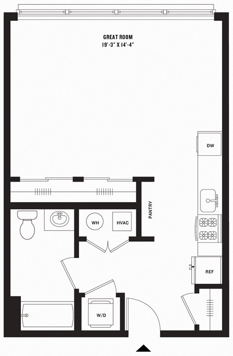 Floor plan for studio, 1 bath, 589 sqft