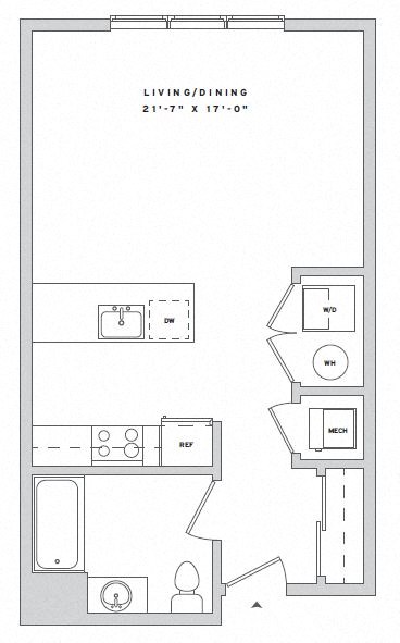 Floor plan for studio, 1 bath, 538 sqft