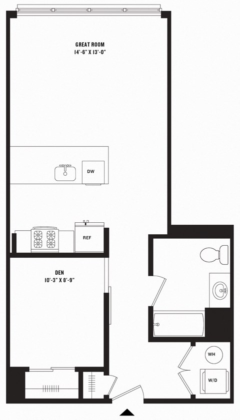 Floor plan for studio, 1 bath, 646 sqft