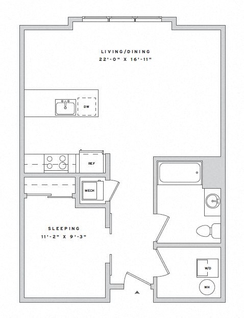 Floor plan for studio, 1 bath, 708 sqft