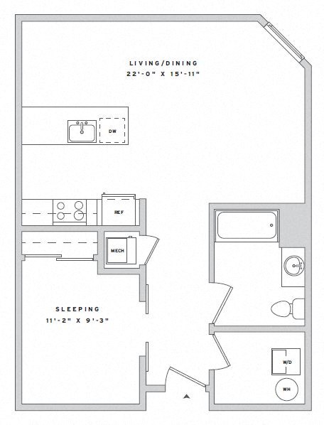Floor plan for studio, 1 bath, 688 sqft