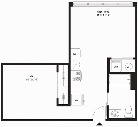 Floor plan for studio, 1 bath, 594 sqft