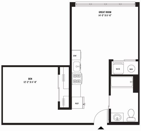 Floor plan for studio, 1 bath, 586 sqft