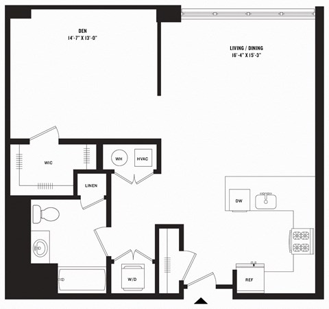 Floor plan for studio, 1 bath, 881 sqft