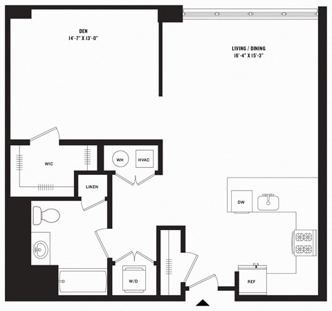 Floor plan for studio, 1 bath, 881 sqft