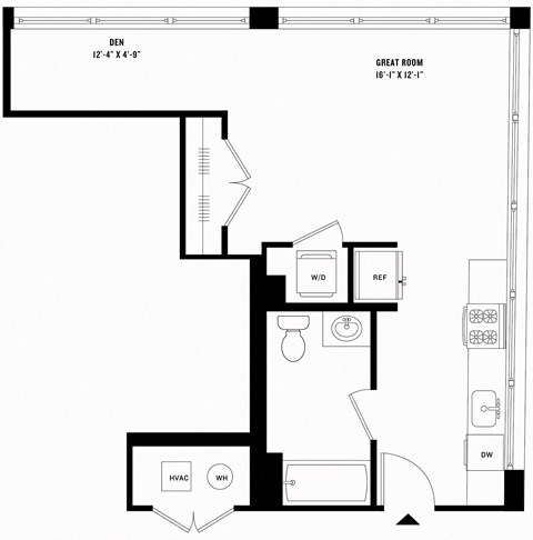 Floor plan for studio, 1 bath, 535 sqft