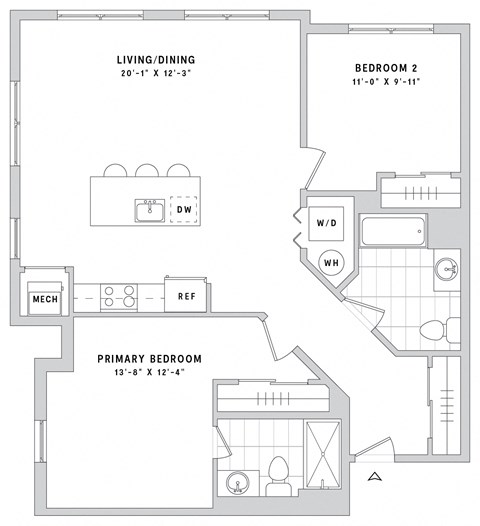Floor plan for 2 beds, 2 baths, 1085 sqft