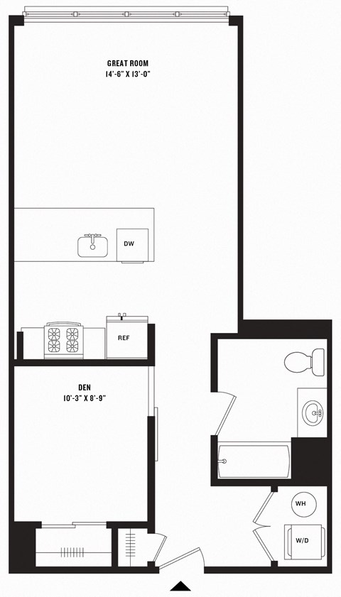 Floor plan for studio, 1 bath, 646 sqft