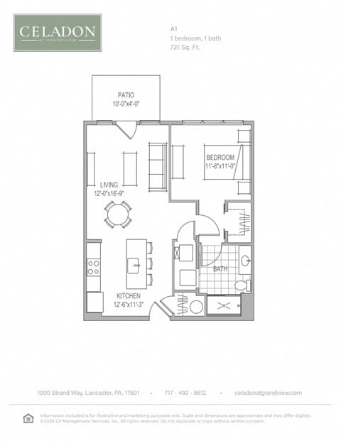 Floor plan for 1 bed, 1 bath, 721 sqft
