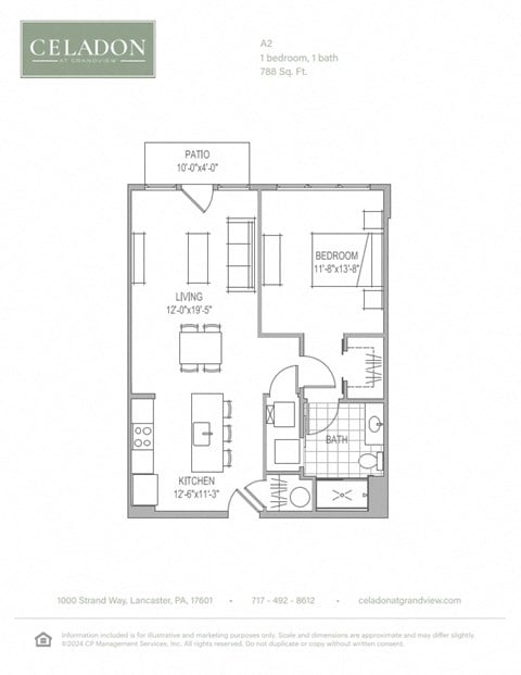 Floor plan for 1 bed, 1 bath, 788 sqft