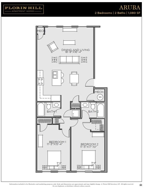 Floor plan for 2 beds, 2 baths, 1080 sqft