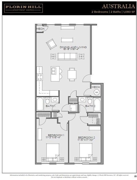 Floor plan for 2 beds, 2 baths, 1080 sqft