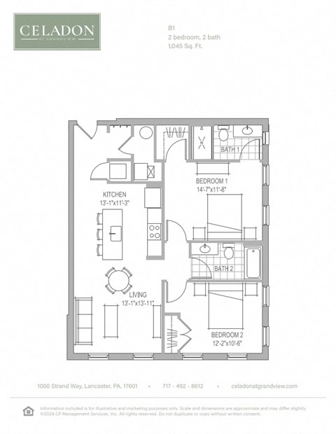 Floor plan for 2 beds, 2 baths, 1045 sqft