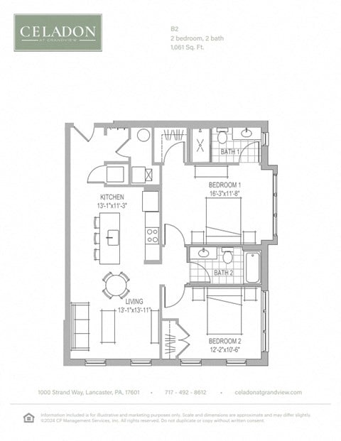Floor plan for 2 beds, 2 baths, 1061 sqft