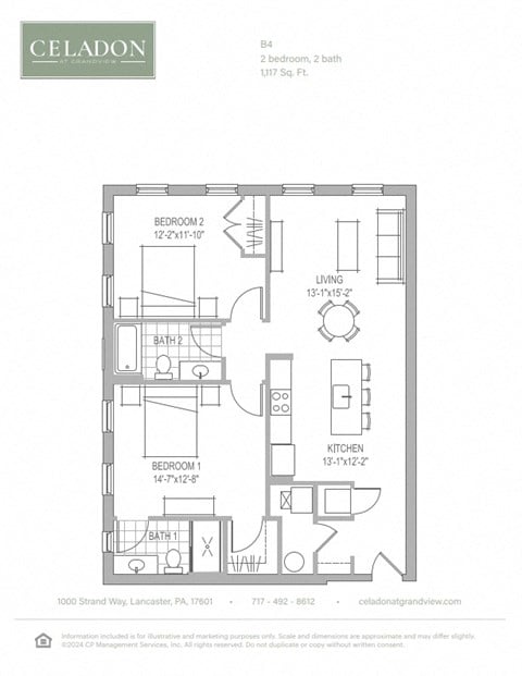 Floor plan for 2 beds, 2 baths, 1117 sqft