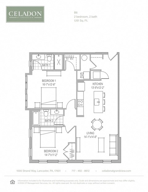Floor plan for 2 beds, 2 baths, 1151 sqft