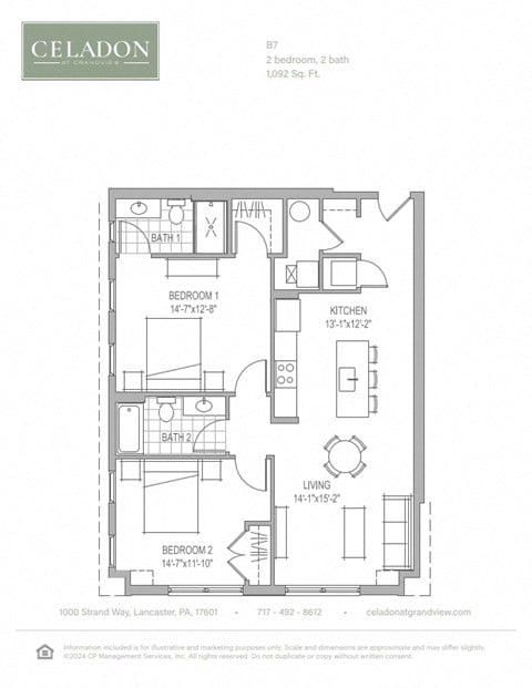 Floor plan for 2 beds, 2 baths, 1092 sqft