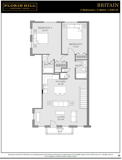 Floor plan for 2 beds, 2 baths, 1093 sqft