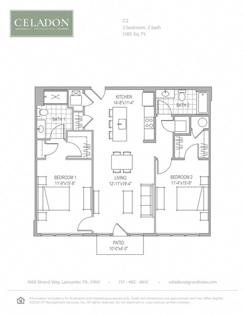 Floor plan for 2 beds, 2 baths, 1185 sqft