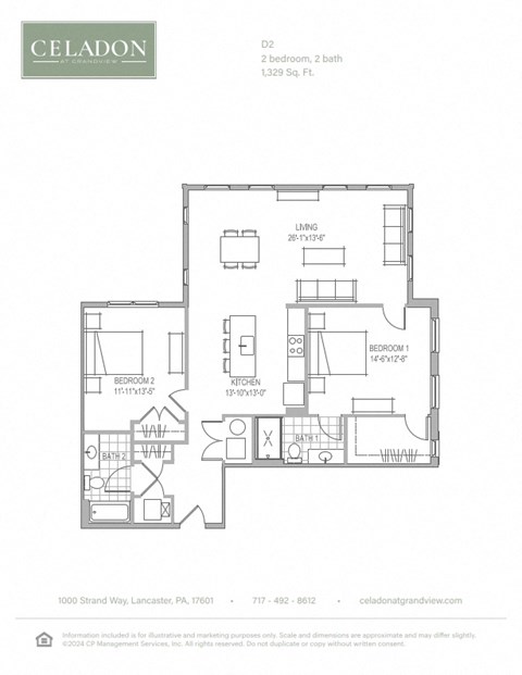 Floor plan for 2 beds, 2 baths, 1329 sqft