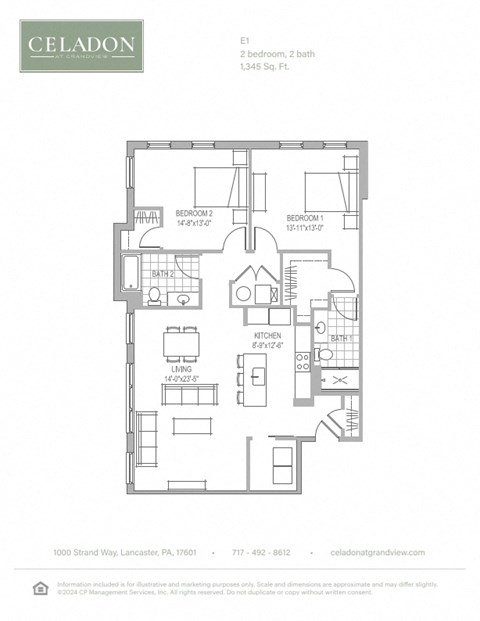 Floor plan for 2 beds, 2 baths, 1345 sqft