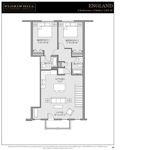 Floor plan for 2 beds, 2 baths, 1165 sqft
