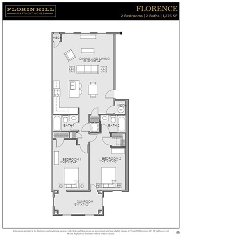 Floor plan for 2 beds, 2 baths, 1276 sqft
